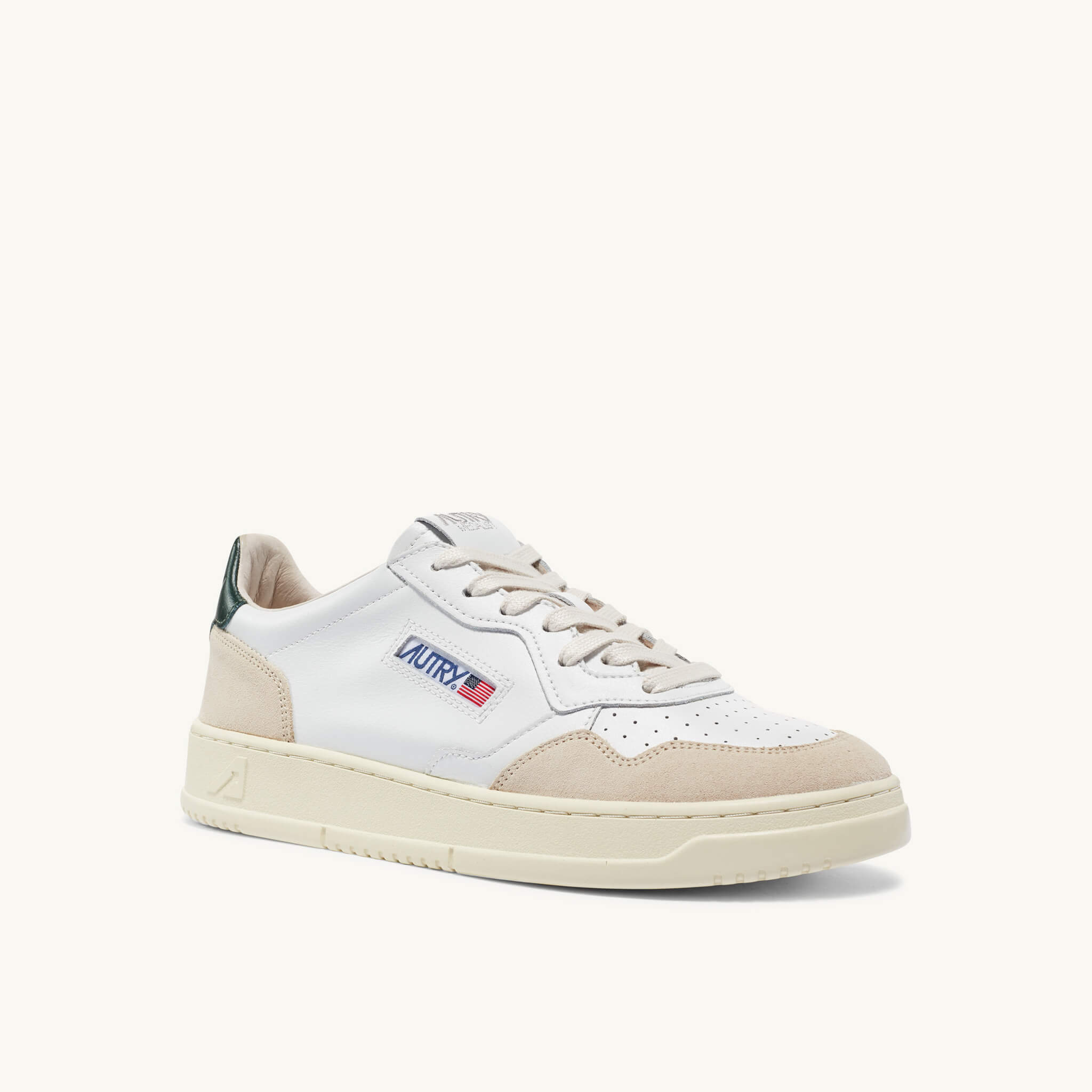 AUTRY | LS56 Sneakers Medalist low in pelle bianca verde bosco e suede beige