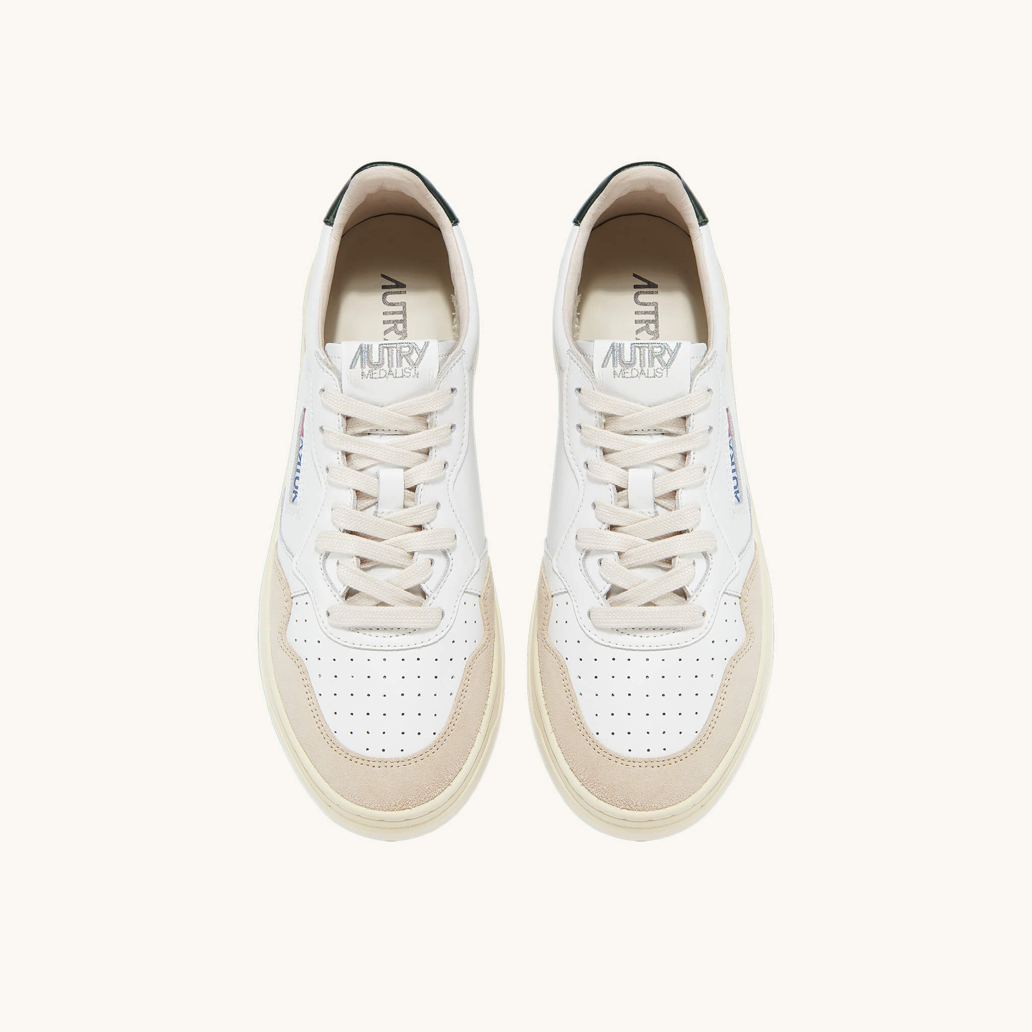 AUTRY | LS56 Sneakers Medalist low in pelle bianca verde bosco e suede beige