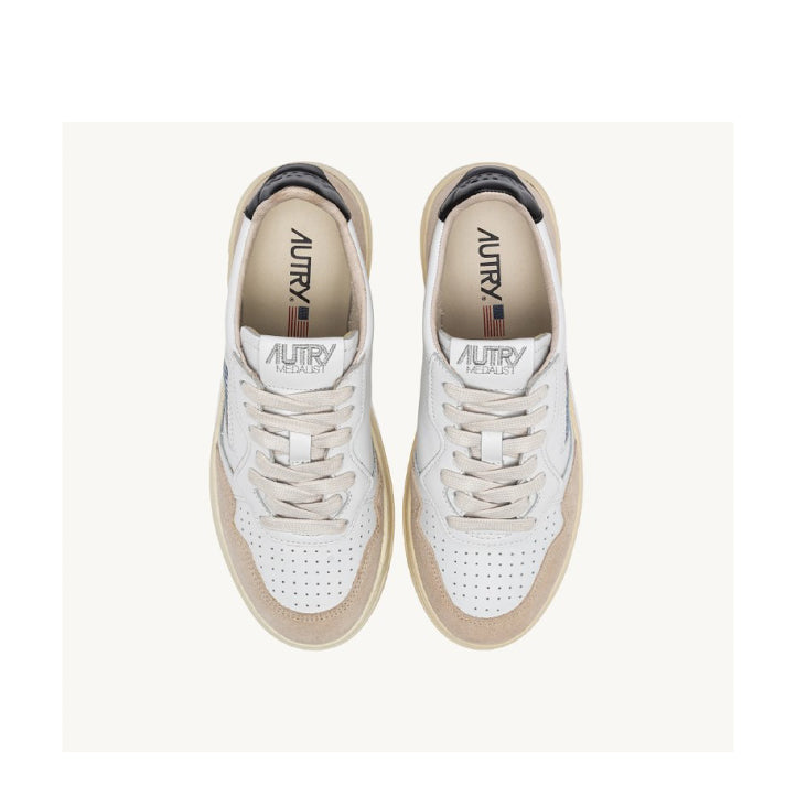 Autry | Medalist LS21 Sneakers Low in Pelle Bianca e Nera e Suede Beige