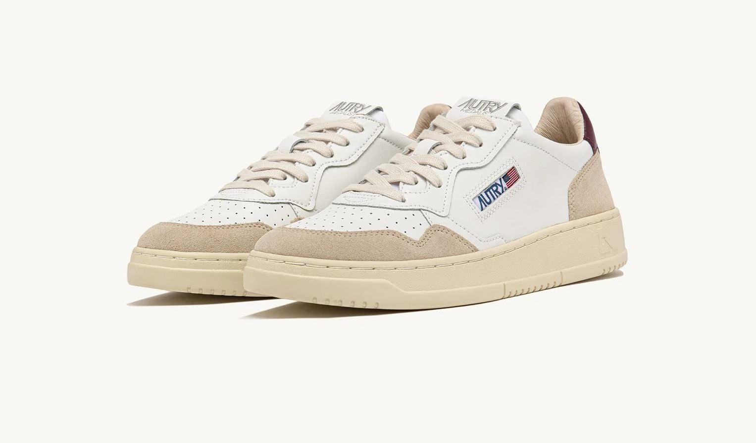 Autry | LS03 Medalist Low in Pelle Bianco e Burgundy e Suede Beige