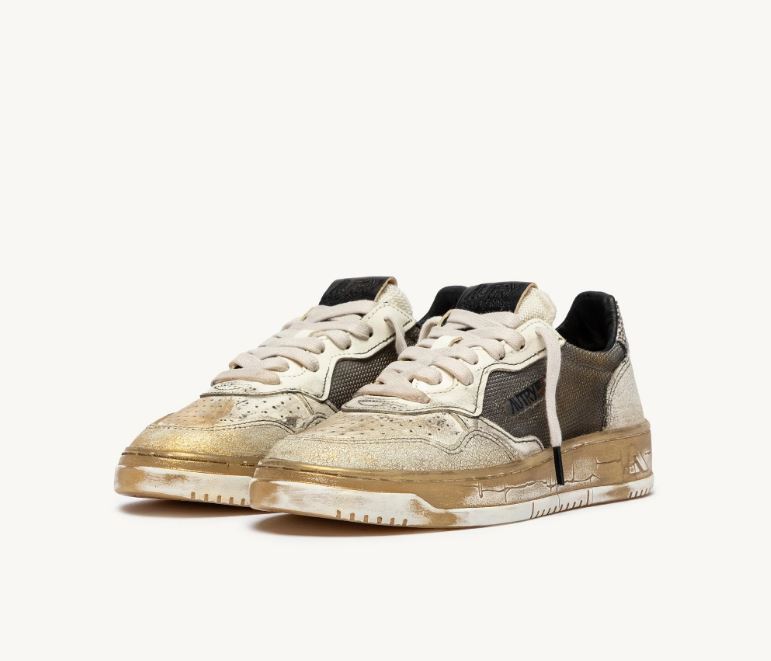 Autry | ME14 Low Super Vintage In Pelle Grigio Bianco e Oro