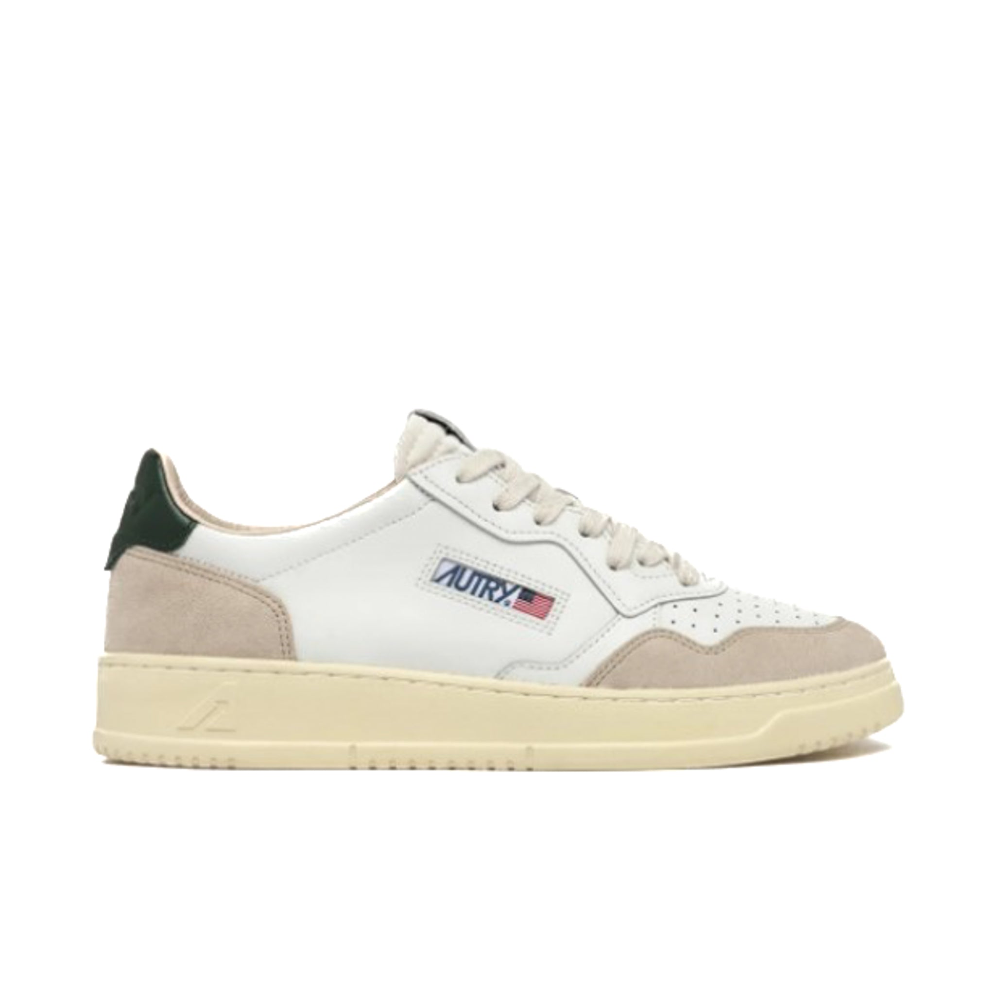 AUTRY | LS56 Sneakers Medalist low in pelle bianca verde bosco e suede beige